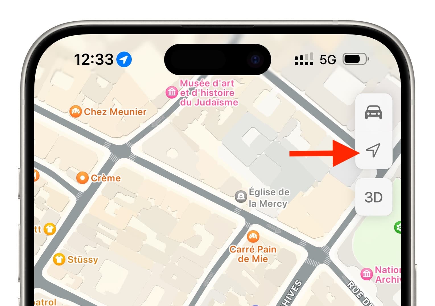 Tap arrow button in Maps on iPhone