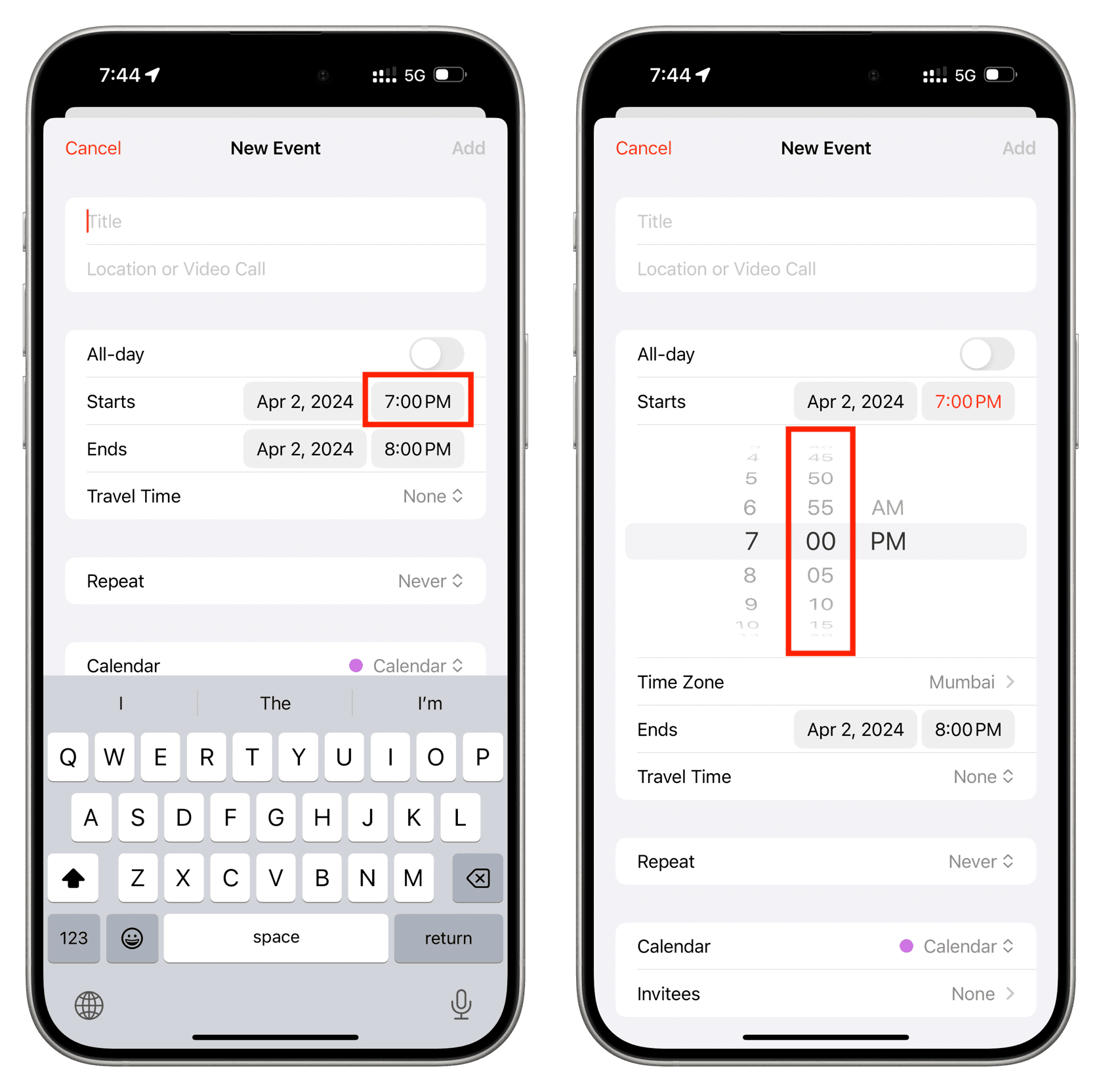 Tap time option and minutes picker in iPhone calendar app