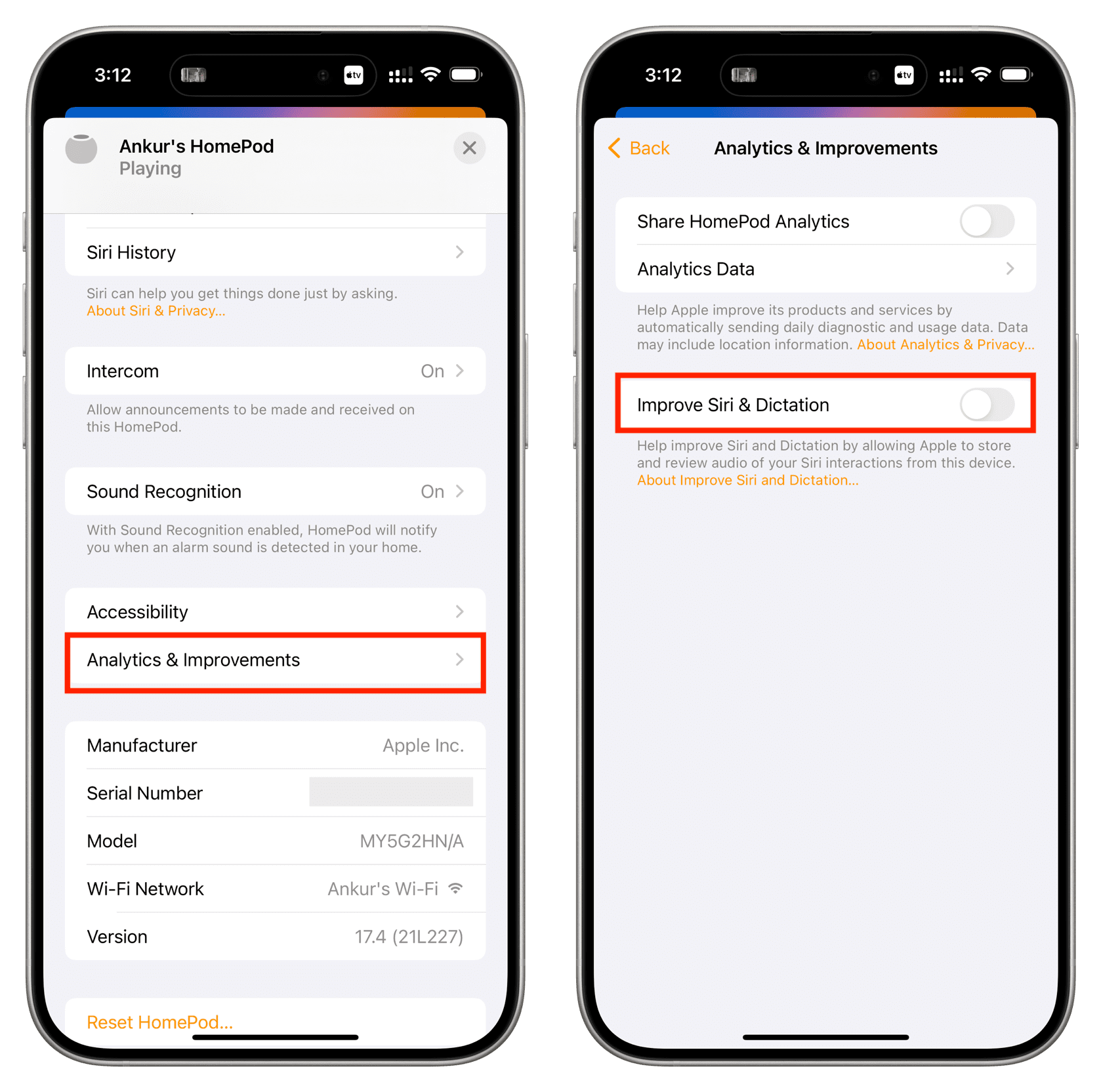 Turn off Improve Siri and Dictation for HomePod using iPhone Home app