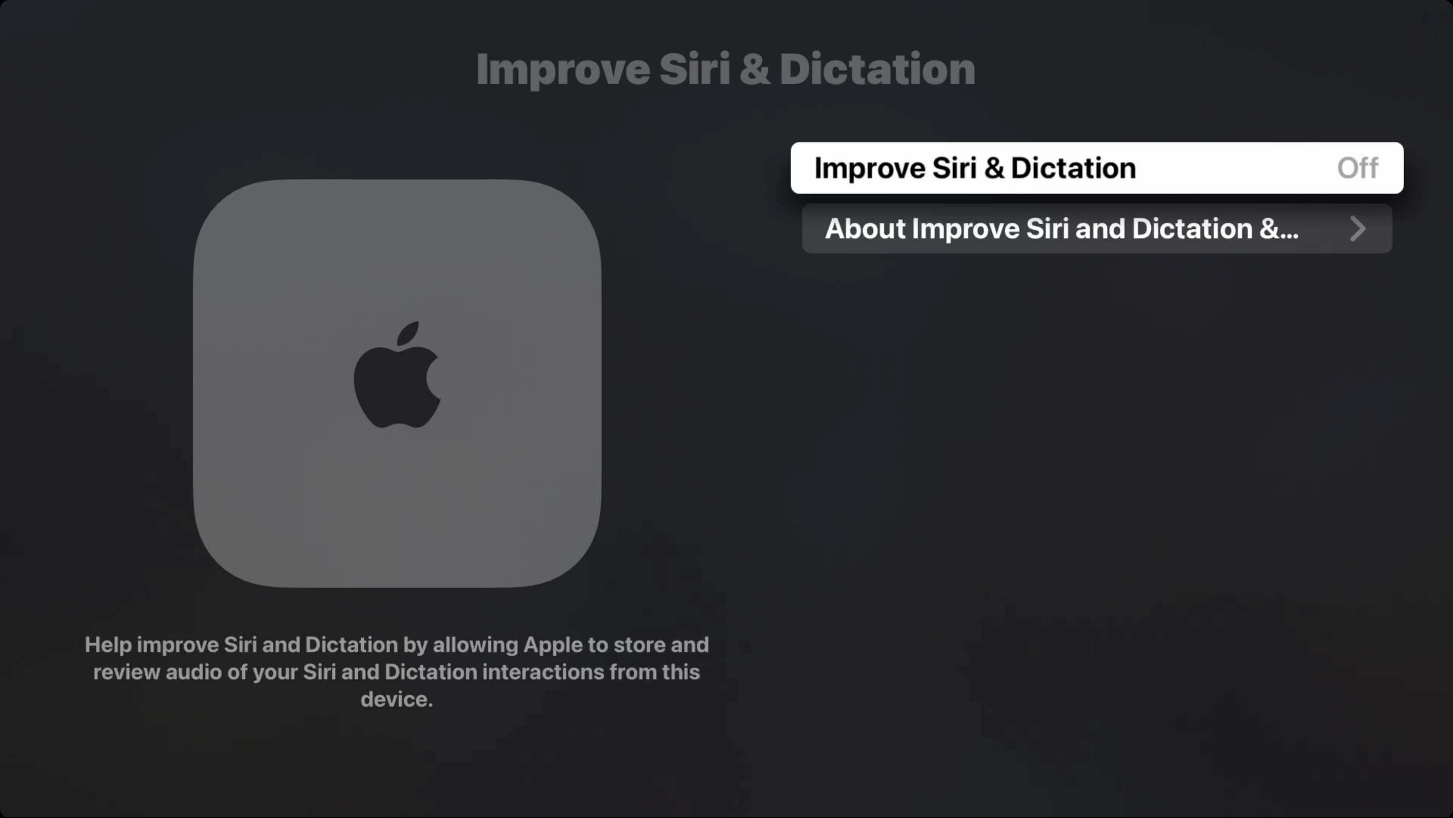 Turn off Improve Siri and Dictation on Apple TV