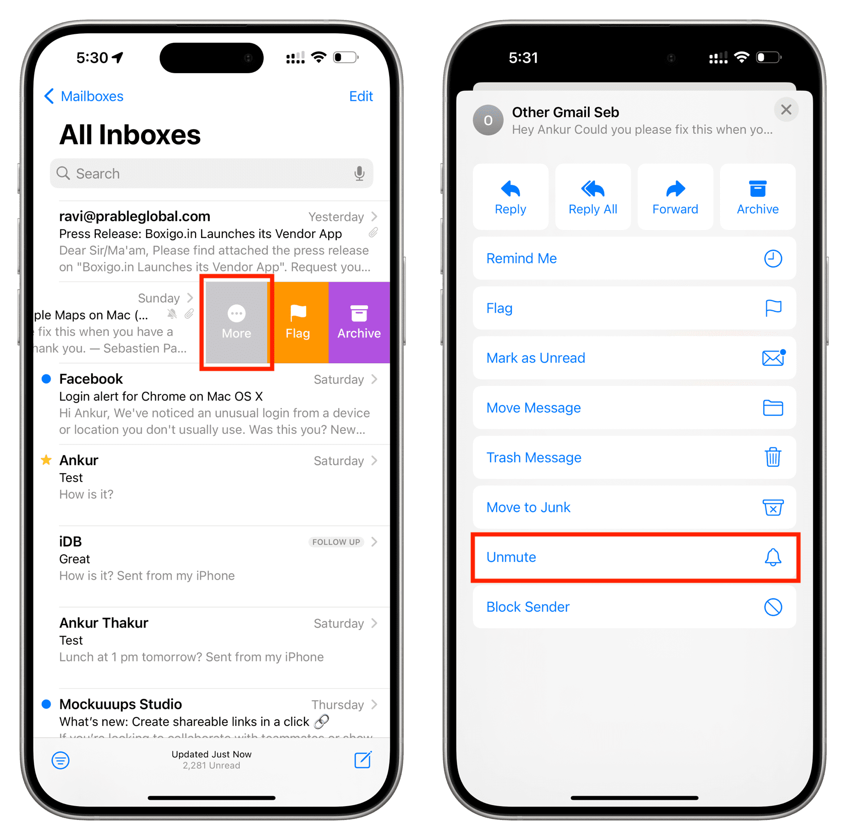 Unmute email threads on iPhone