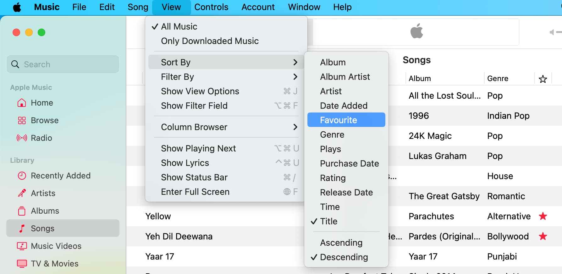 View Sort By in Music app on Mac