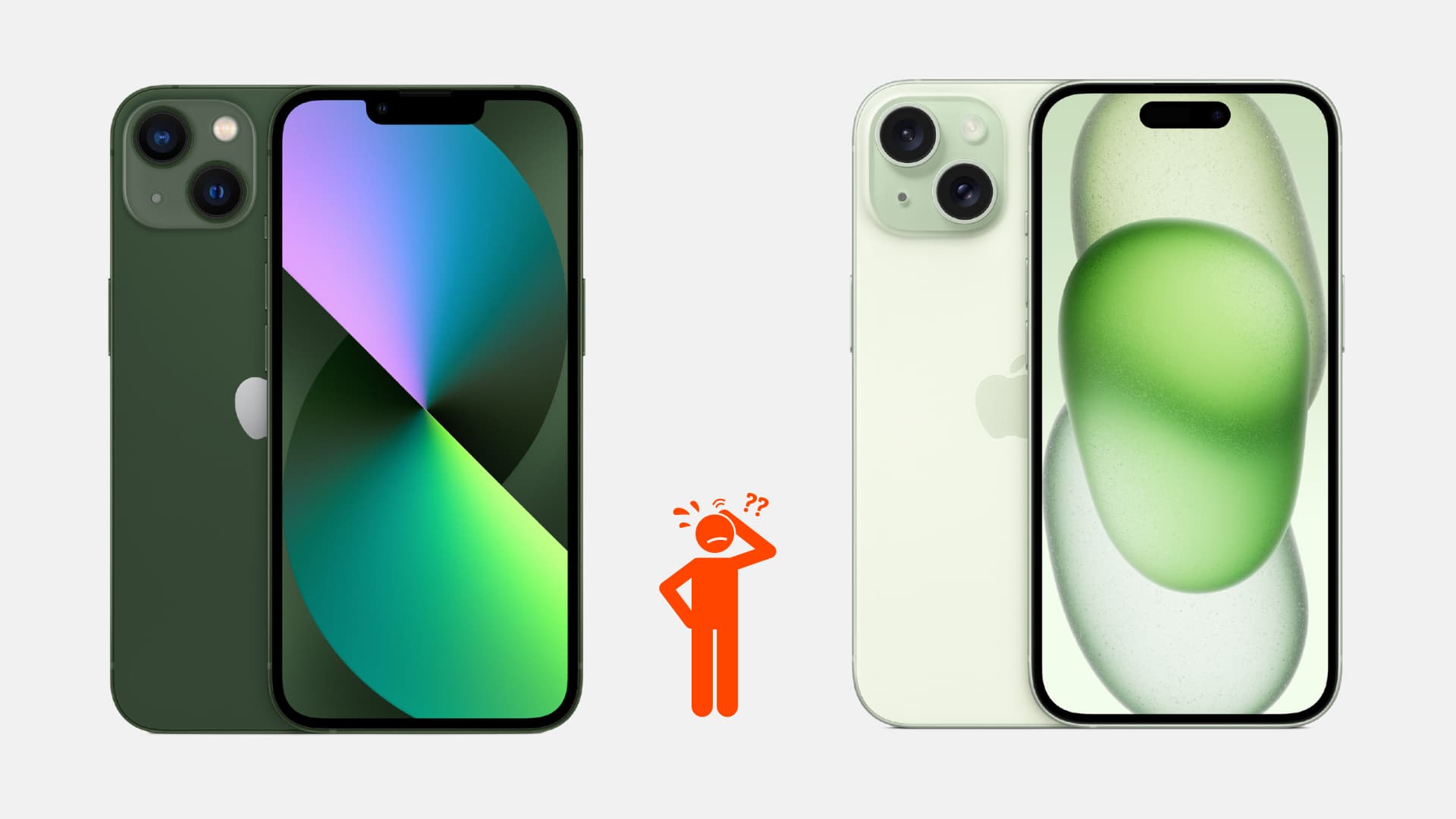 iPhone 13 and iPhone 15 with icon of a confused man in middle