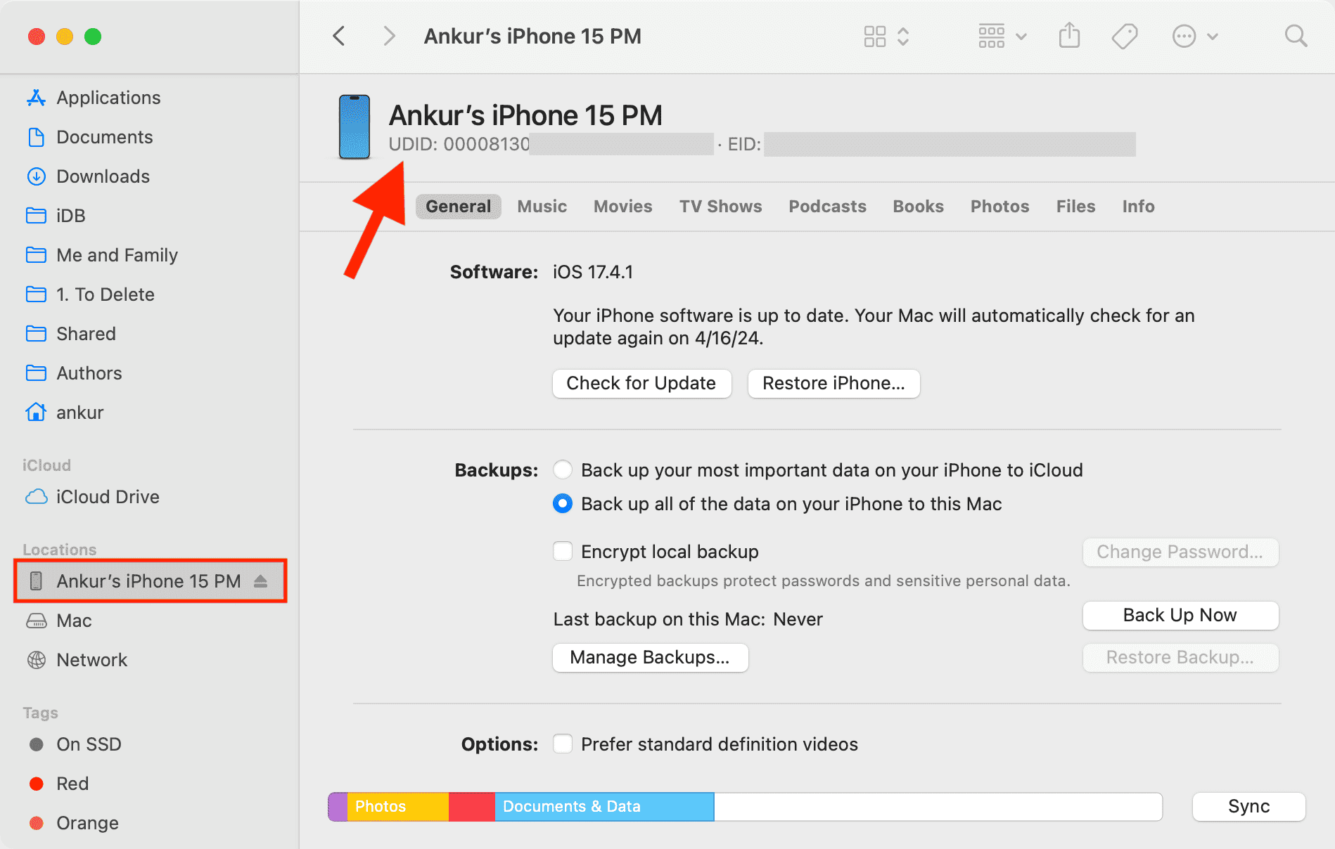 iPhone UDID in Finder on Mac