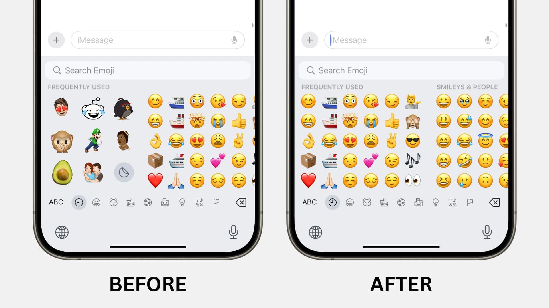 iPhone emoji keyboard with and without stickers