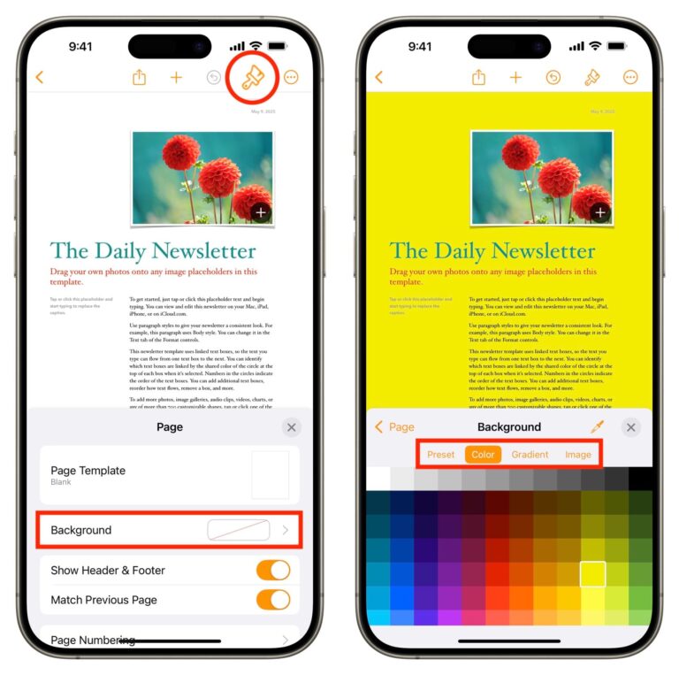How to change the document background color in Pages