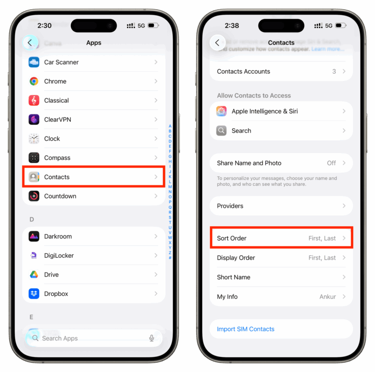 How to sort contacts by first name in the Apple Contacts app