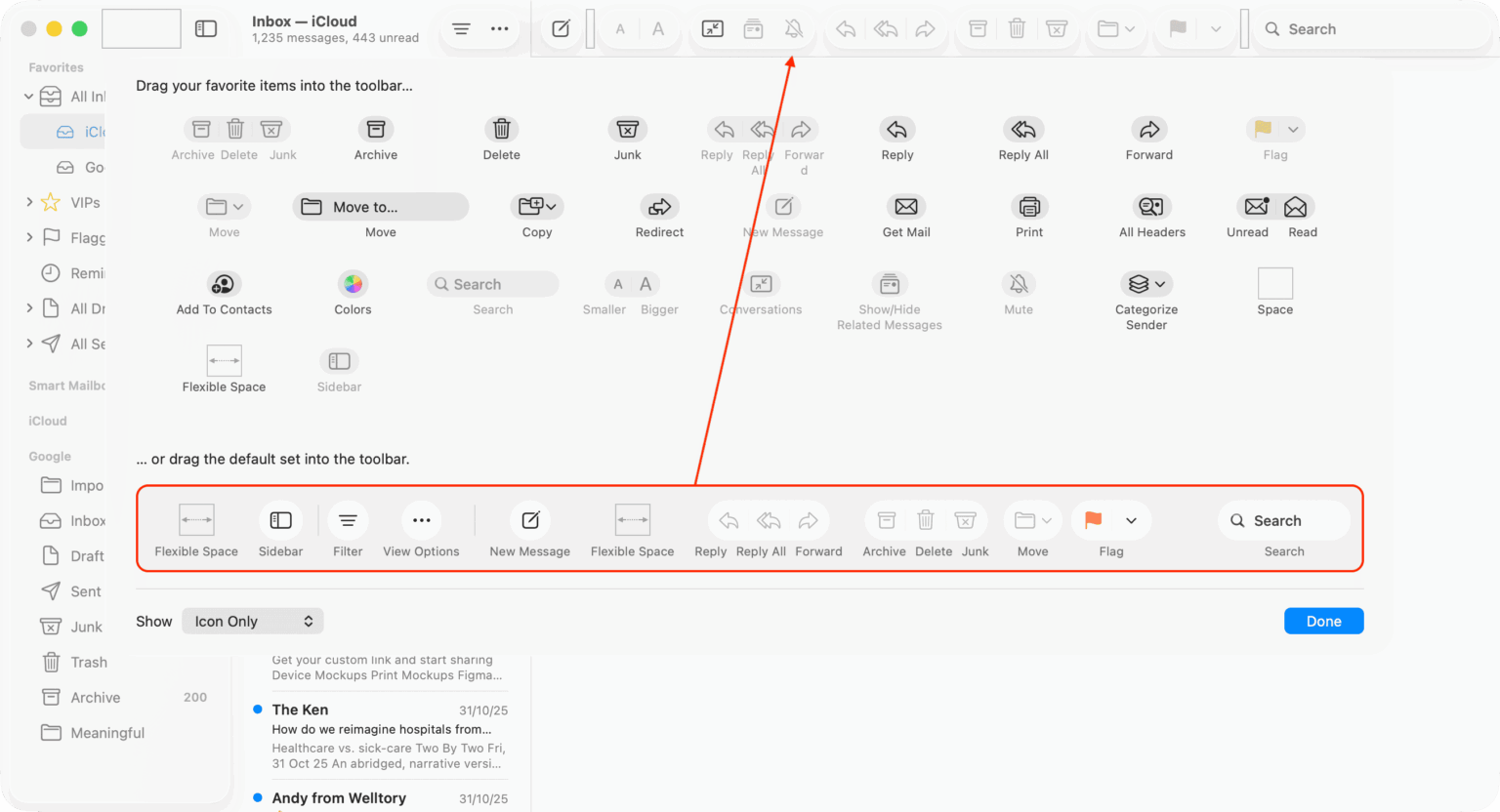 How to restore the default Apple Mail toolbar on Mac