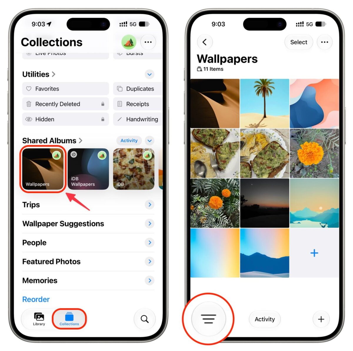 How to filter photos by members in shared iCloud album