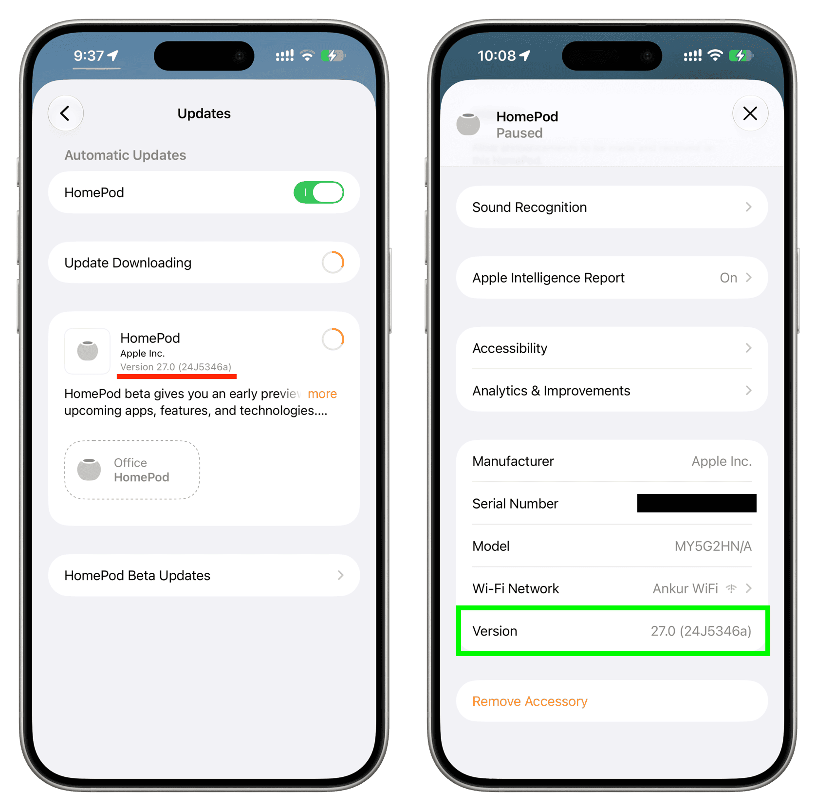 iPhone showing HomePod mini updated to Software Version 27