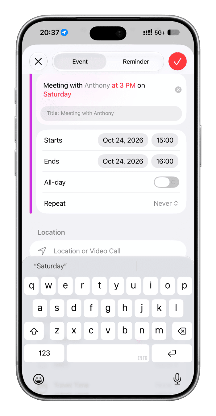 Adding new calendar event by typing in natural language on iPhone