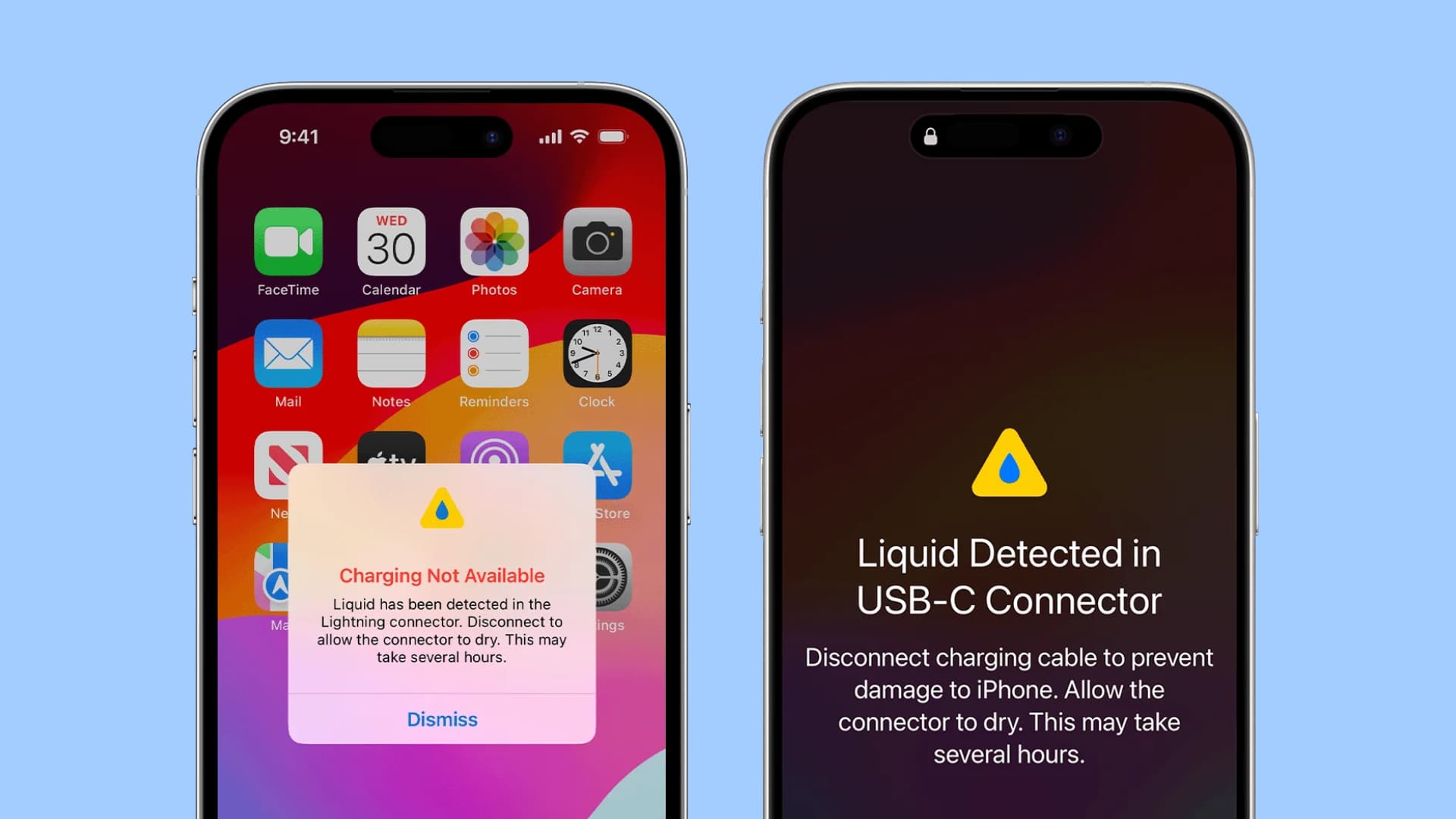 Charging Not Available and Liquid Detected in USB-C Connector message on iPhone.png