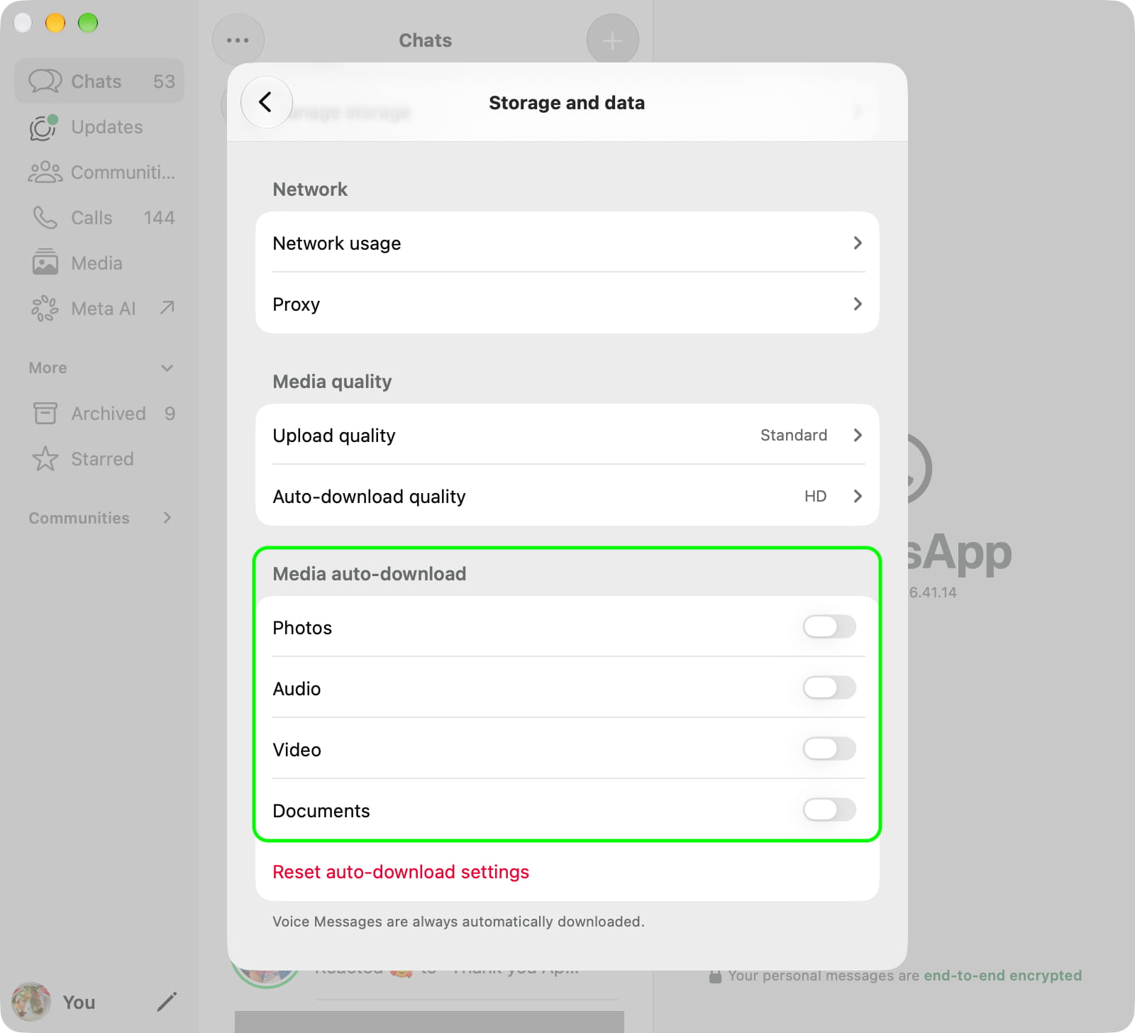 Media auto-download turned off for WhatsApp on Mac