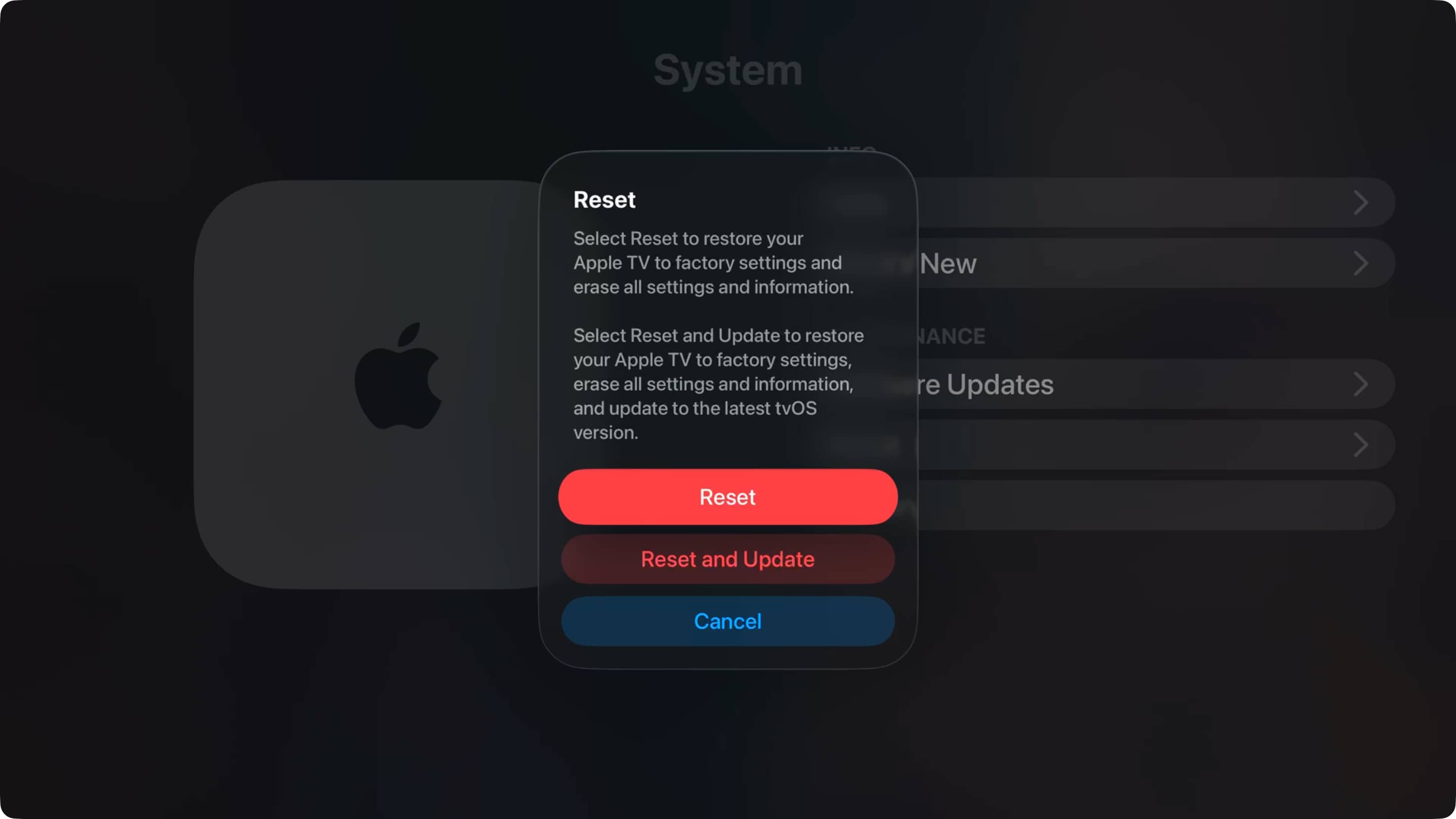Resetting Apple TV from settings