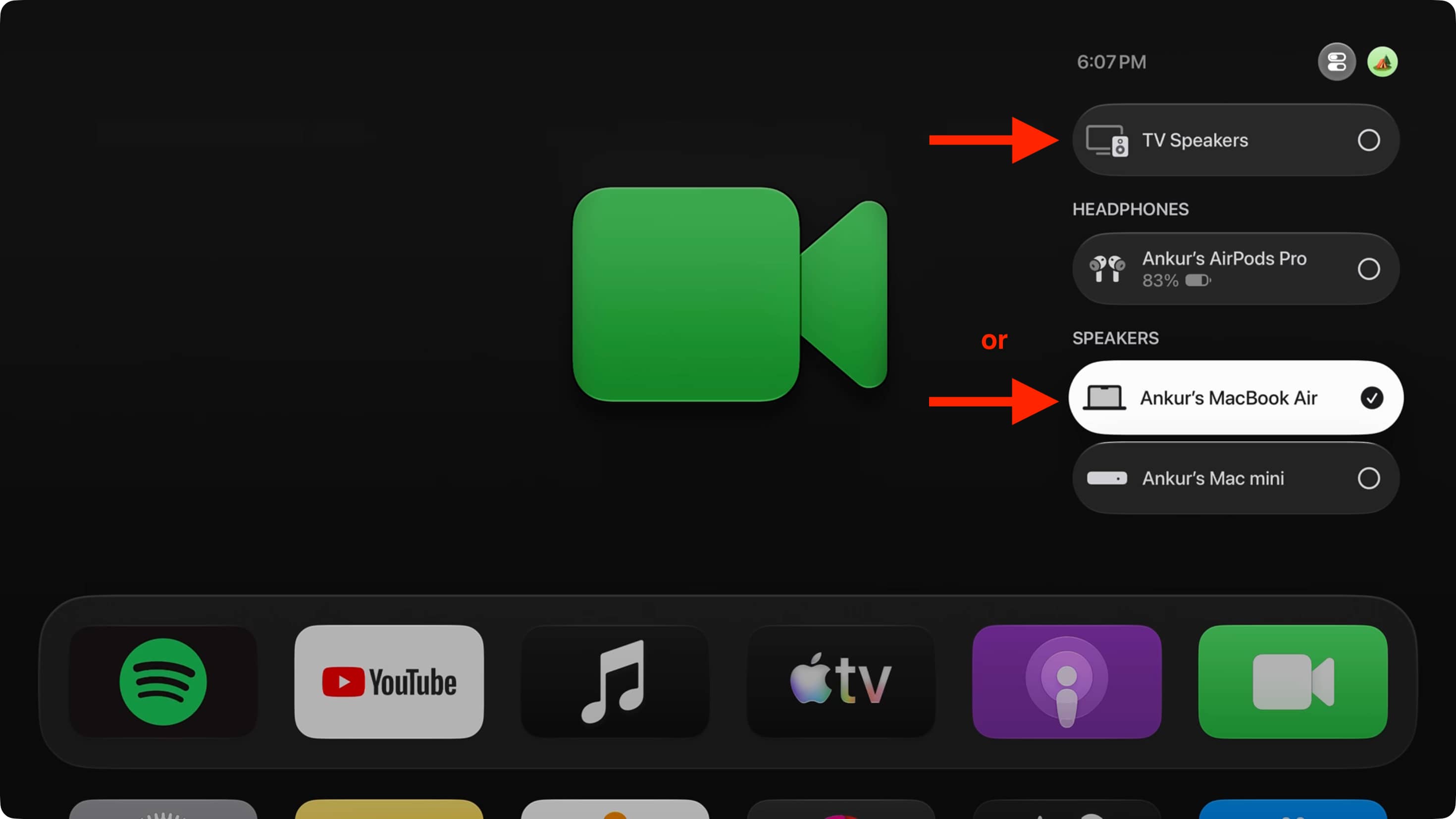 Selecting MacBook as audio output in Apple TV Control Center