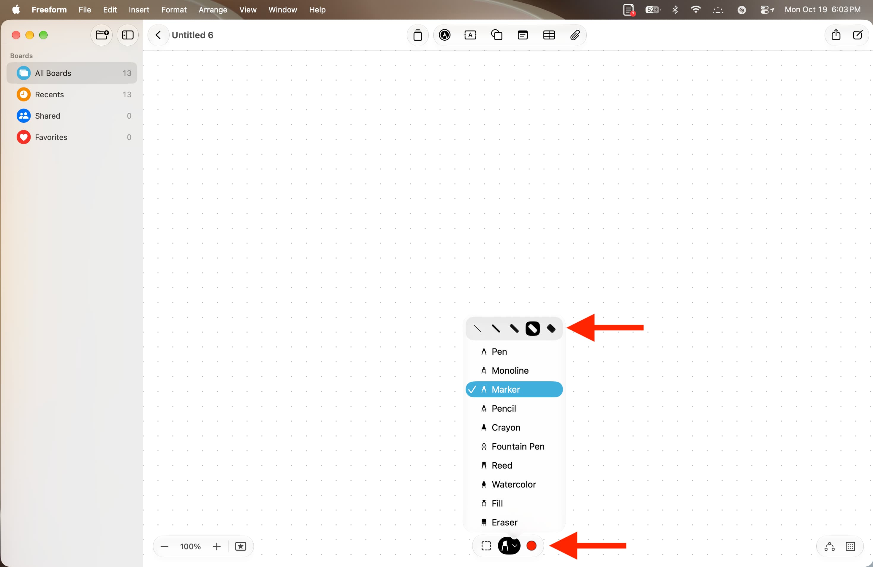Selecting drawing tool in Freeform on macOS 27